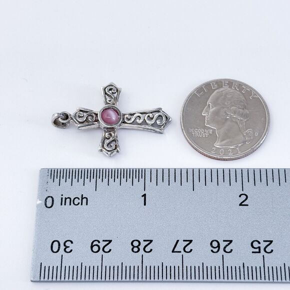 Vintage Sterling Silver 925 Pink Glass Ornate Cross Pendant - Picture 7 of 7